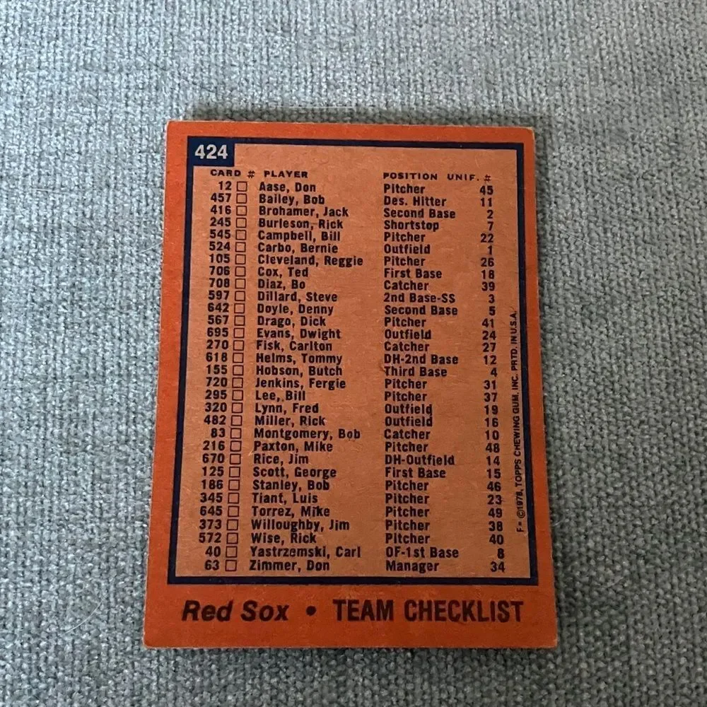 1978 Topps Boston Red Sox Baseball Card Trading Card
